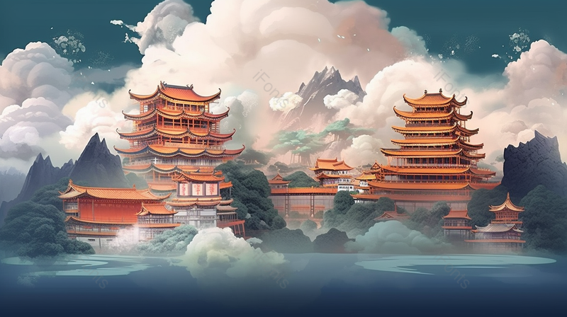 新中式国潮建筑插画背景,插画/手绘图,插画/手绘图库,插画/手绘图下载,插画/手绘